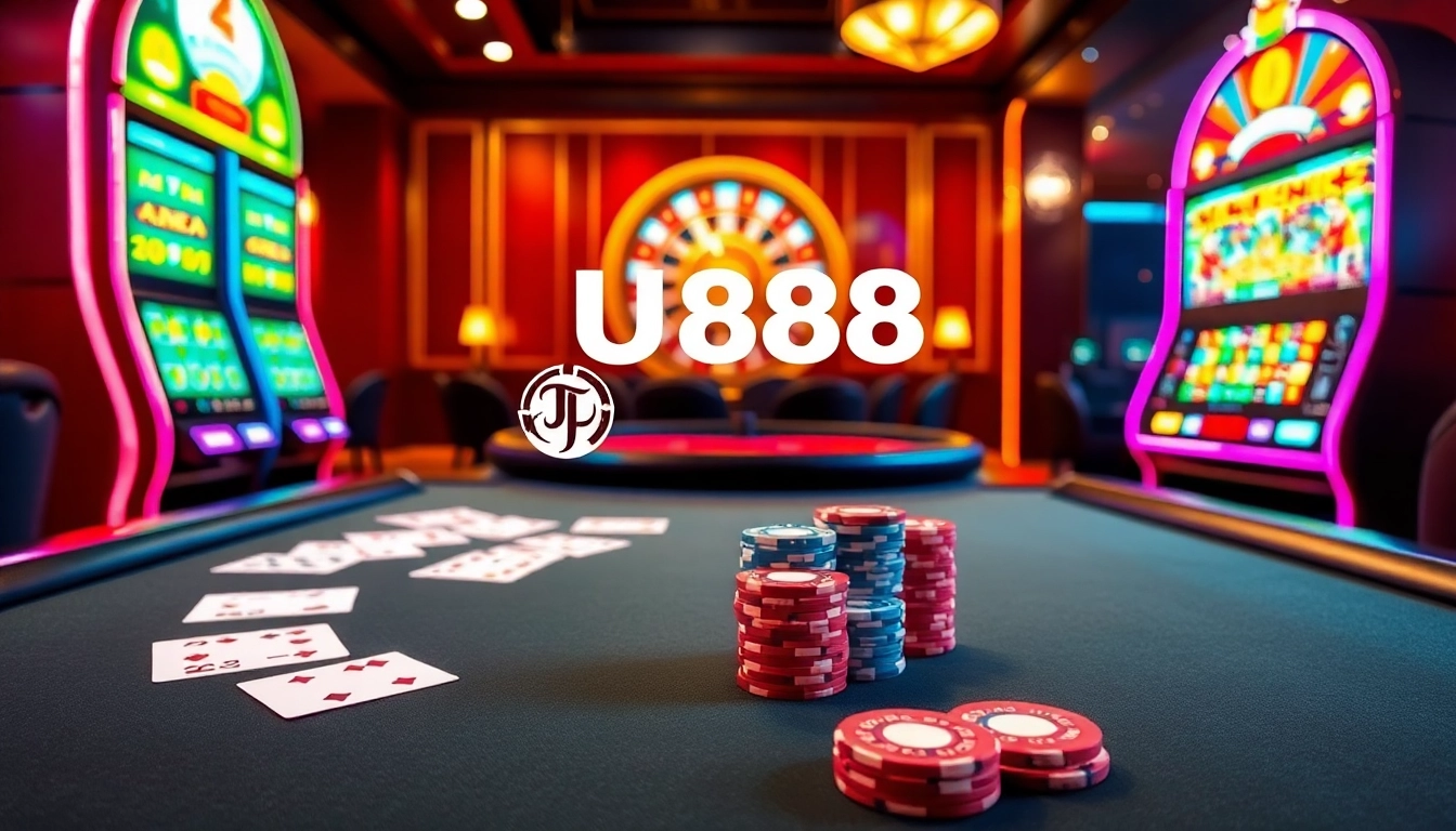 Players enjoying thrilling games at U888, featuring poker tables, slot machines, and a dynamic casino atmosphere.