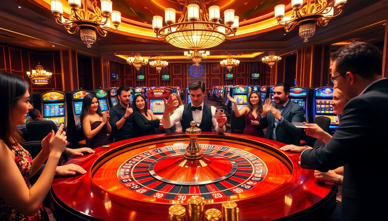 An exciting roulette game at https://188v.today/ with players cheering and vibrant casino decor.
