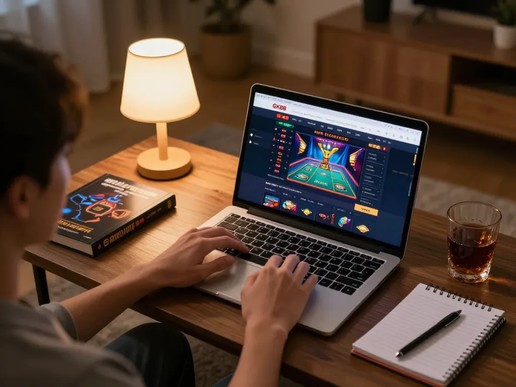 Person enjoying online gambling at home using GK88 link vào for casino games, with cozy setup.