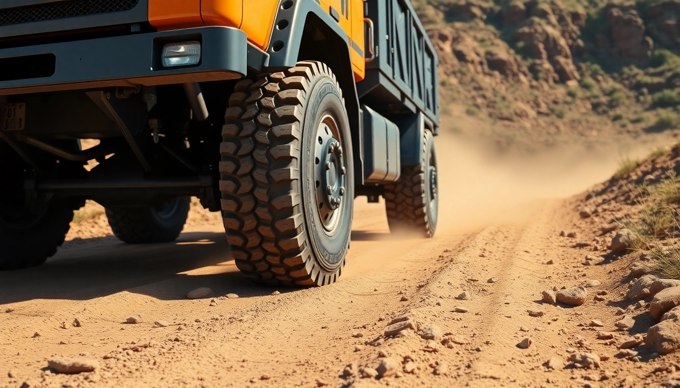Heavy-duty truck with RR99 tires navigating rugged terrain, showcasing durability and reliability.