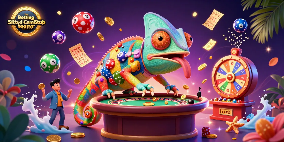 The BettingSitesNotOnGamStop.uk team showcases vibrant gambling elements like lottery balls and a chameleon casino owner.