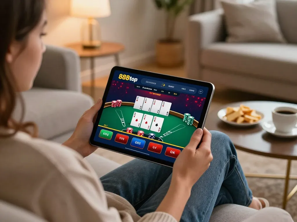Enjoying a live dealer blackjack game on the 888top app in a cozy home setup.