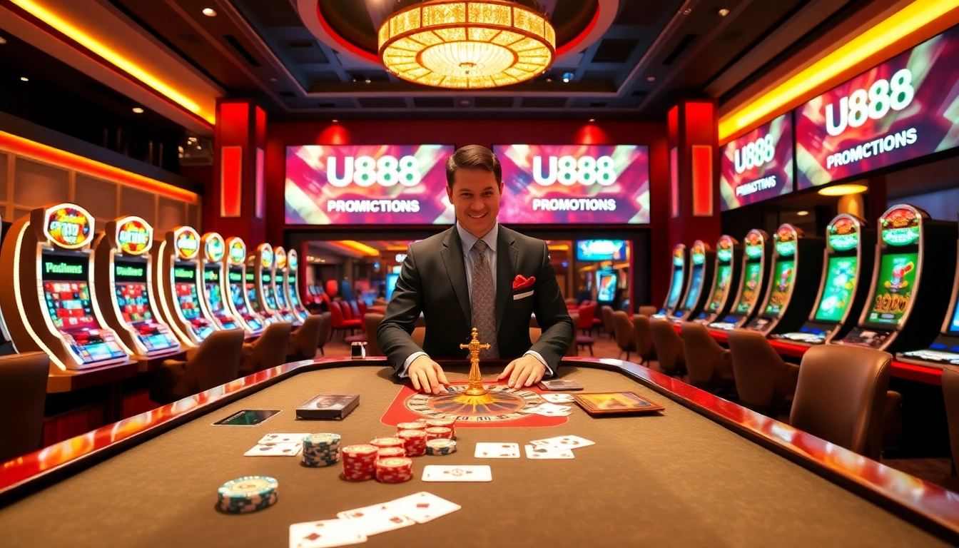 Experience the thrill of U888 with a luxurious casino gaming table and roulette wheel.