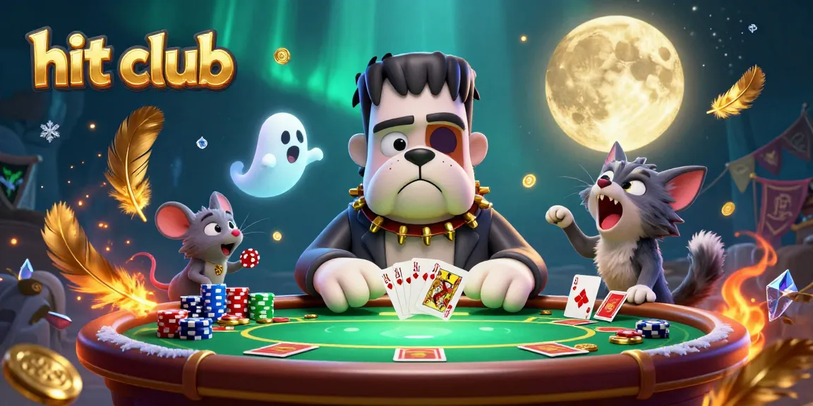 Hit club scene showcasing a cartoon bulldog dealing cards and a werewolf kitten howling.