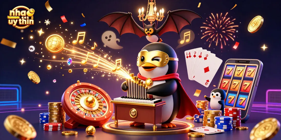 Experience thrilling moments with nha cai uy tin as a cartoon penguin plays organ shooting coins, surrounded by casino elements.