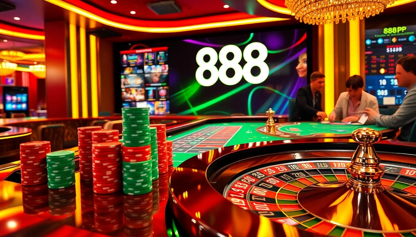 Experience the thrill of winning at 888P with vibrant casino gameplay featuring poker chips and a roulette wheel.