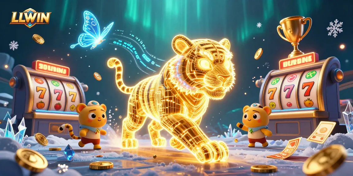 Experience thrilling gaming at LLWIN with a dynamic neon-wireframe tiger in a vibrant casino scene.