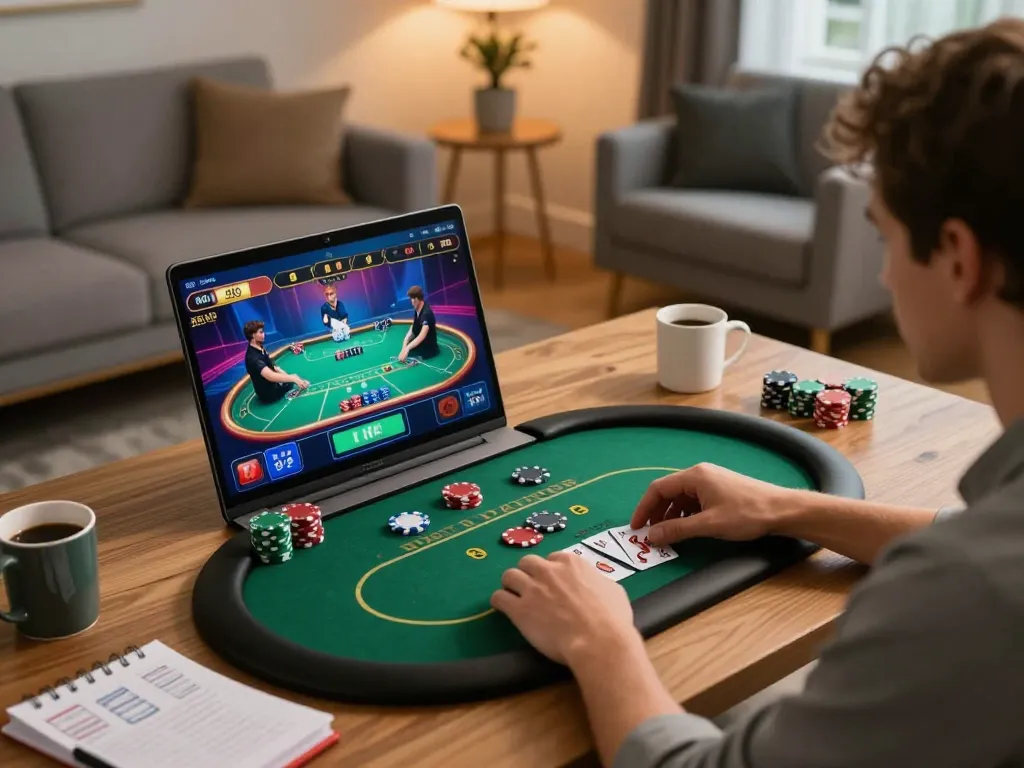 Player enjoying poker at LV88 online casino with vibrant gameplay on their laptop