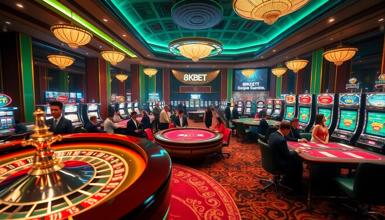 Experience the thrilling atmosphere of 8KBET with vibrant casino action and luxurious gaming tables.