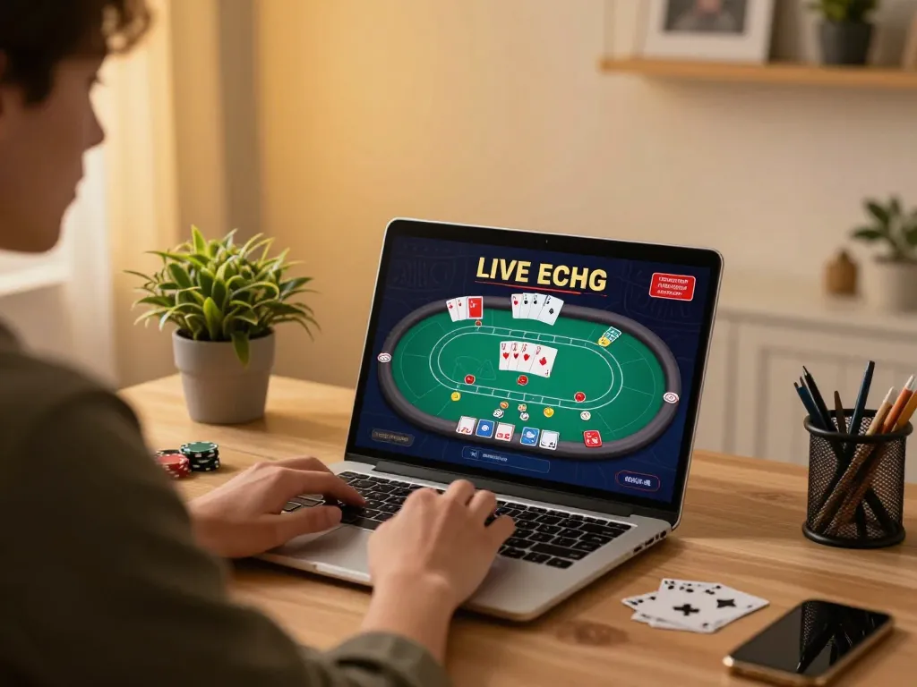 Engaging session of KUWIN online poker gameplay at home with strategic focus on screen.