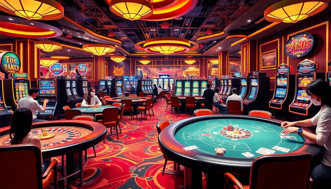 Experience the thrill of gaming at trang chủ fa88 with vibrant casino visuals featuring poker tables, roulette wheels, and players.