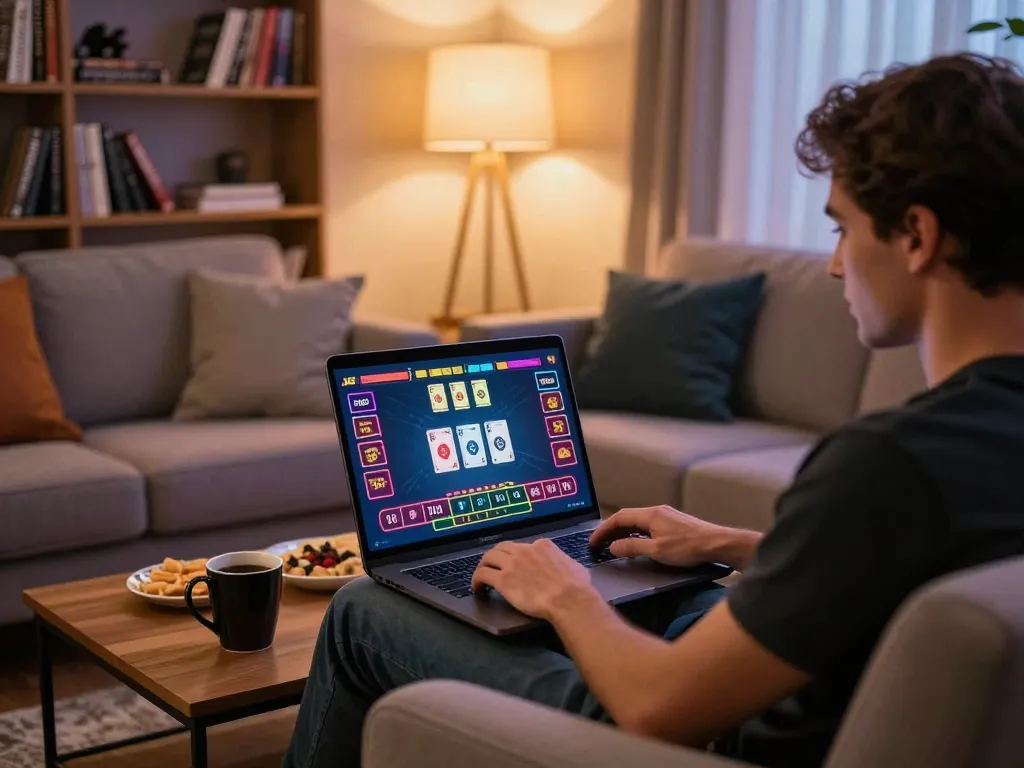 Engaging home setting where player uses https://tx88at.com/ for online casino gaming on laptop, vibrant digital interface visible