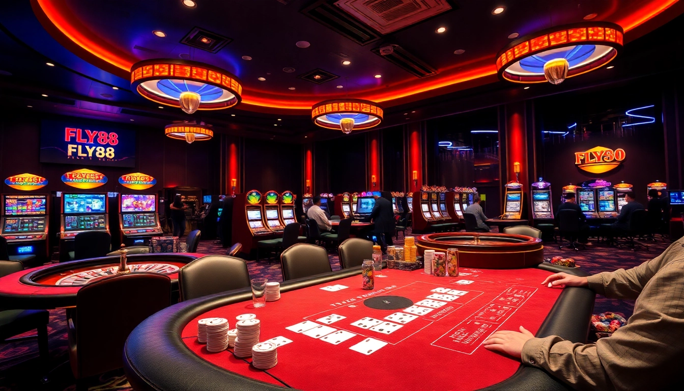 Players engaging in a thrilling poker game at FLY88 casino, reflecting excitement and high-stakes action.