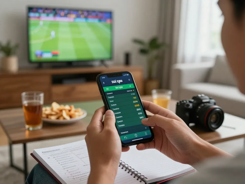 Soi kèo displayed on smartphone during an engaging sports betting session at home.