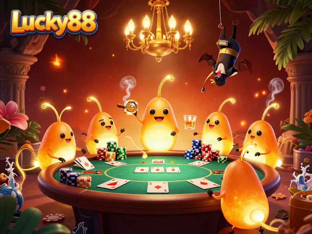 Experience the excitement of Lucky88 as glowworms illuminate a vibrant casino scene filled with poker action.