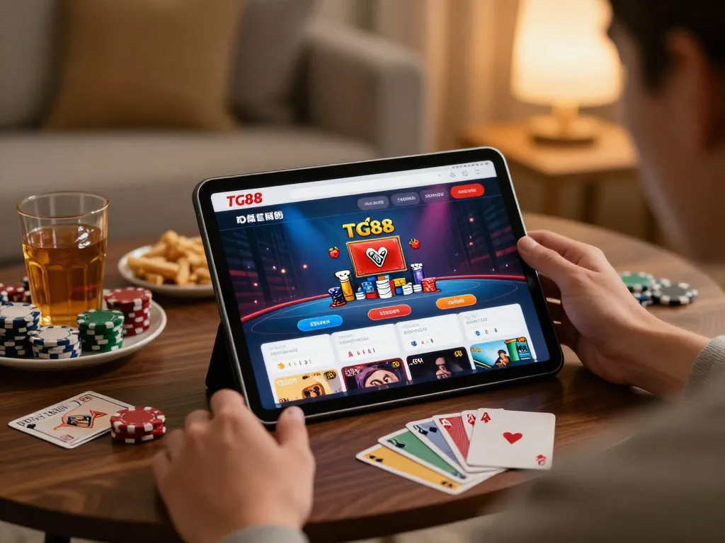 Experience engaging gameplay with TG88's casino app in a cozy home setting.