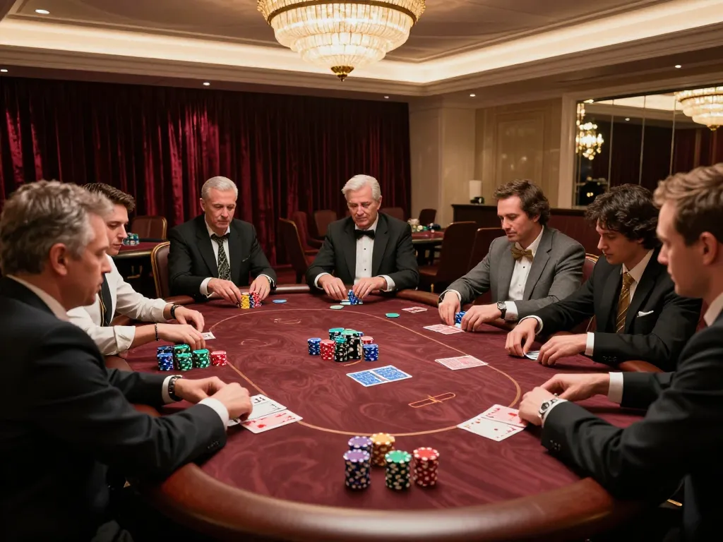 Engaged poker players in a high-stakes QQ88pro Vip game in an upscale casino setting