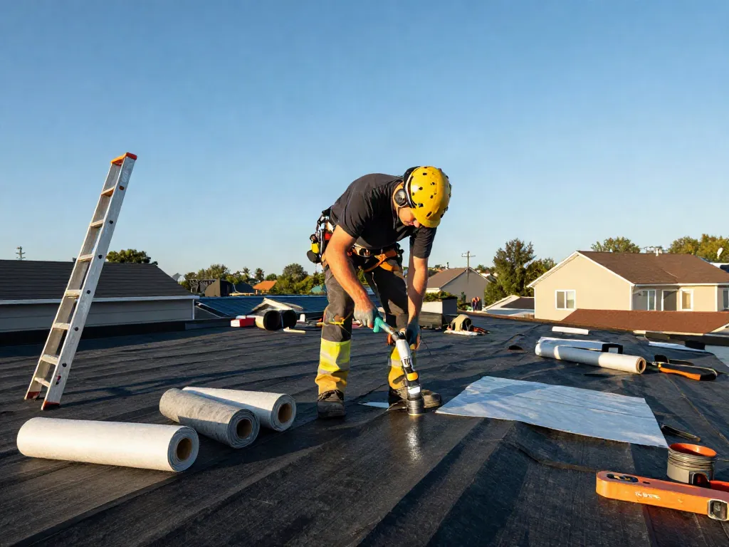 Roofer installing felt roofing showcasing professional skills and safety on a sunny day.