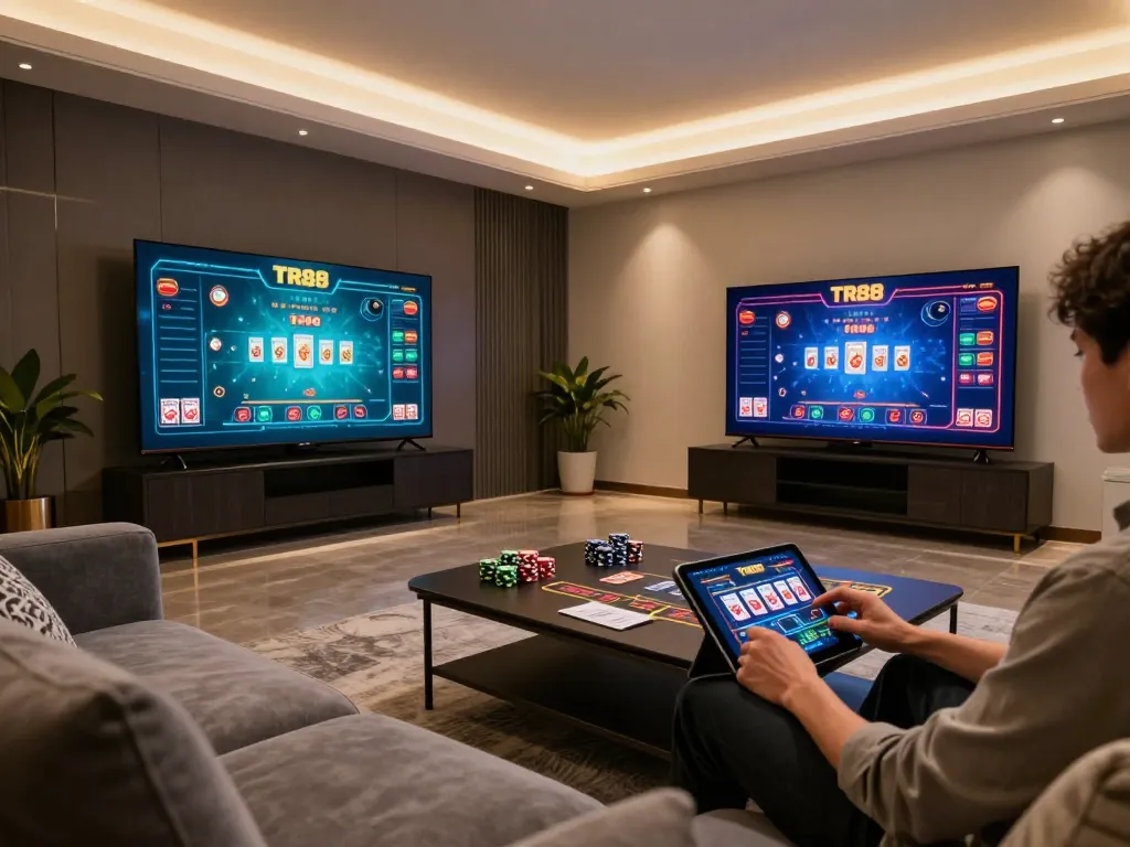Engaging in immersive online casino action at TR88 with tablet and strategic notes.