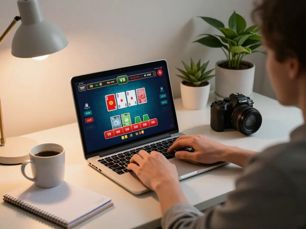 Engaged in online gaming at a nhà cái uy tín, a player analyzes cards and calculates bets thoughtfully.