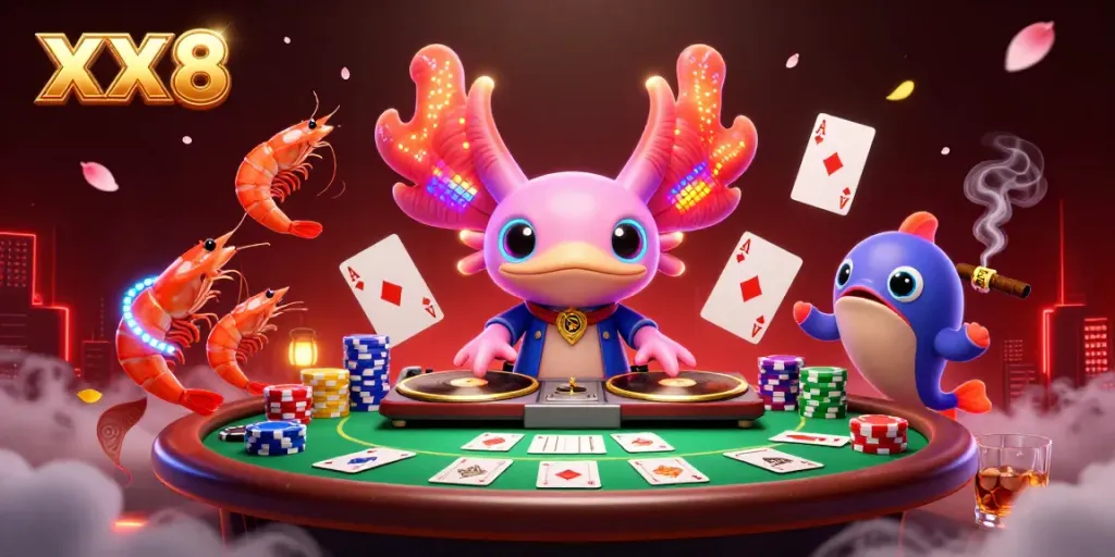 Join the colorful scene of XX 8 where a DJ axolotl spins poker chips and cards in an underwater casino.