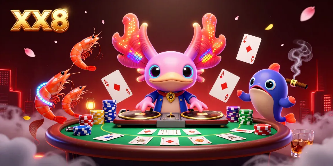 Join the colorful scene of XX 8 where a DJ axolotl spins poker chips and cards in an underwater casino.