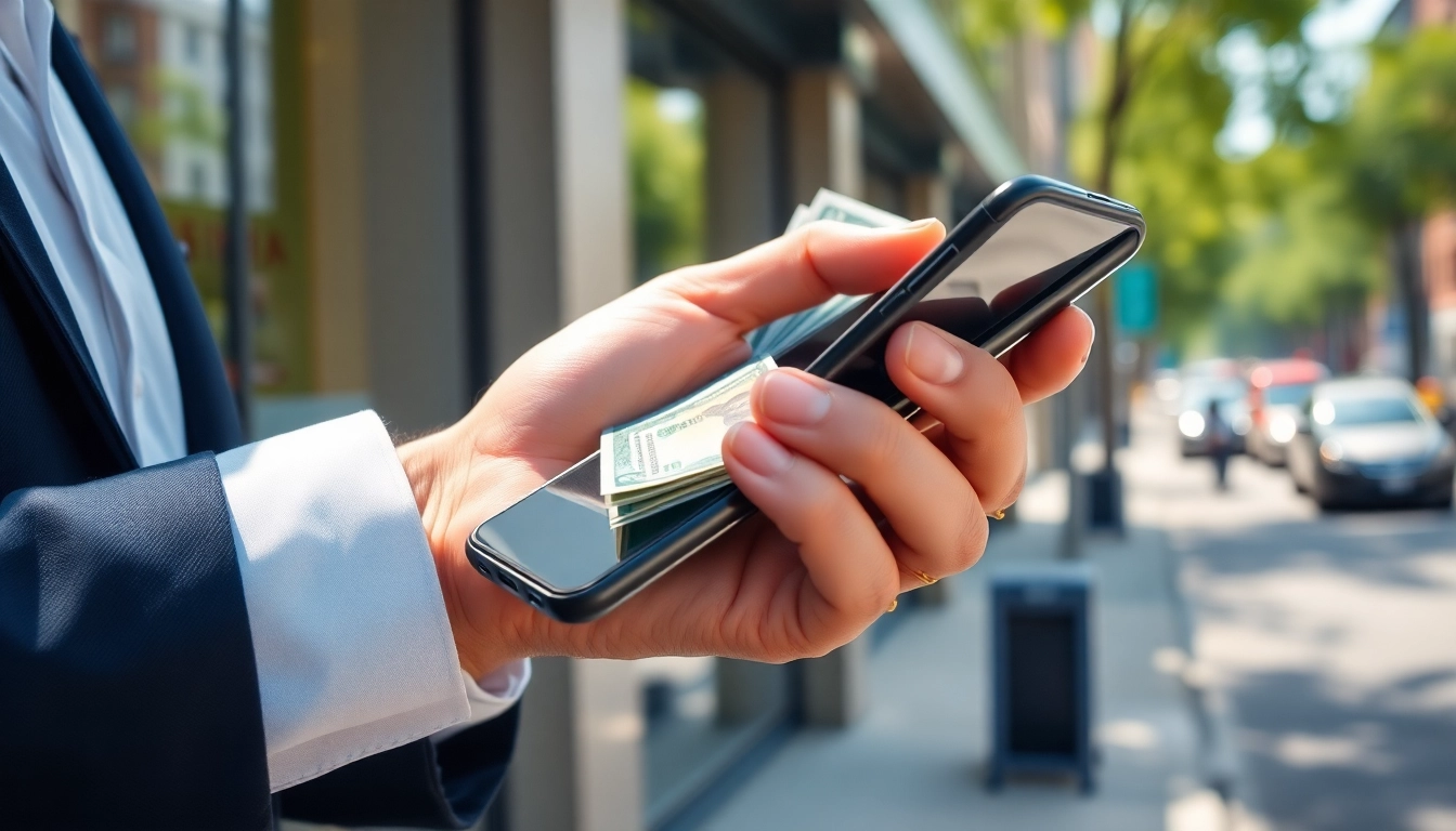 Exchange Instant Phone Cash with a sleek mobile device and cash in a bright urban setting.