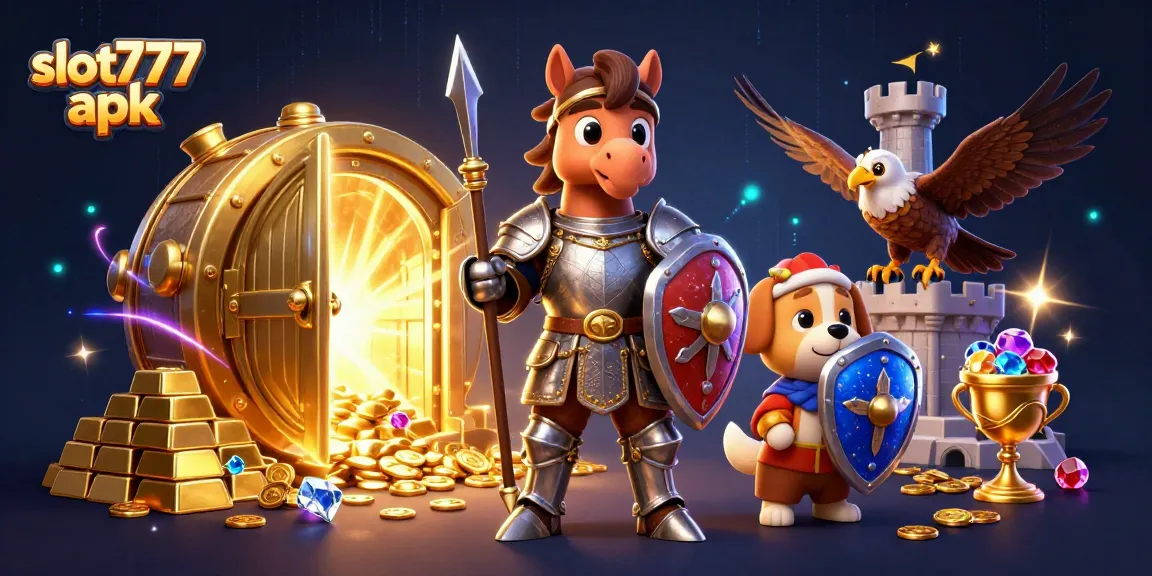 Experience thrilling wins with slot777 apk in this vibrant casino illustration featuring knights and treasures.