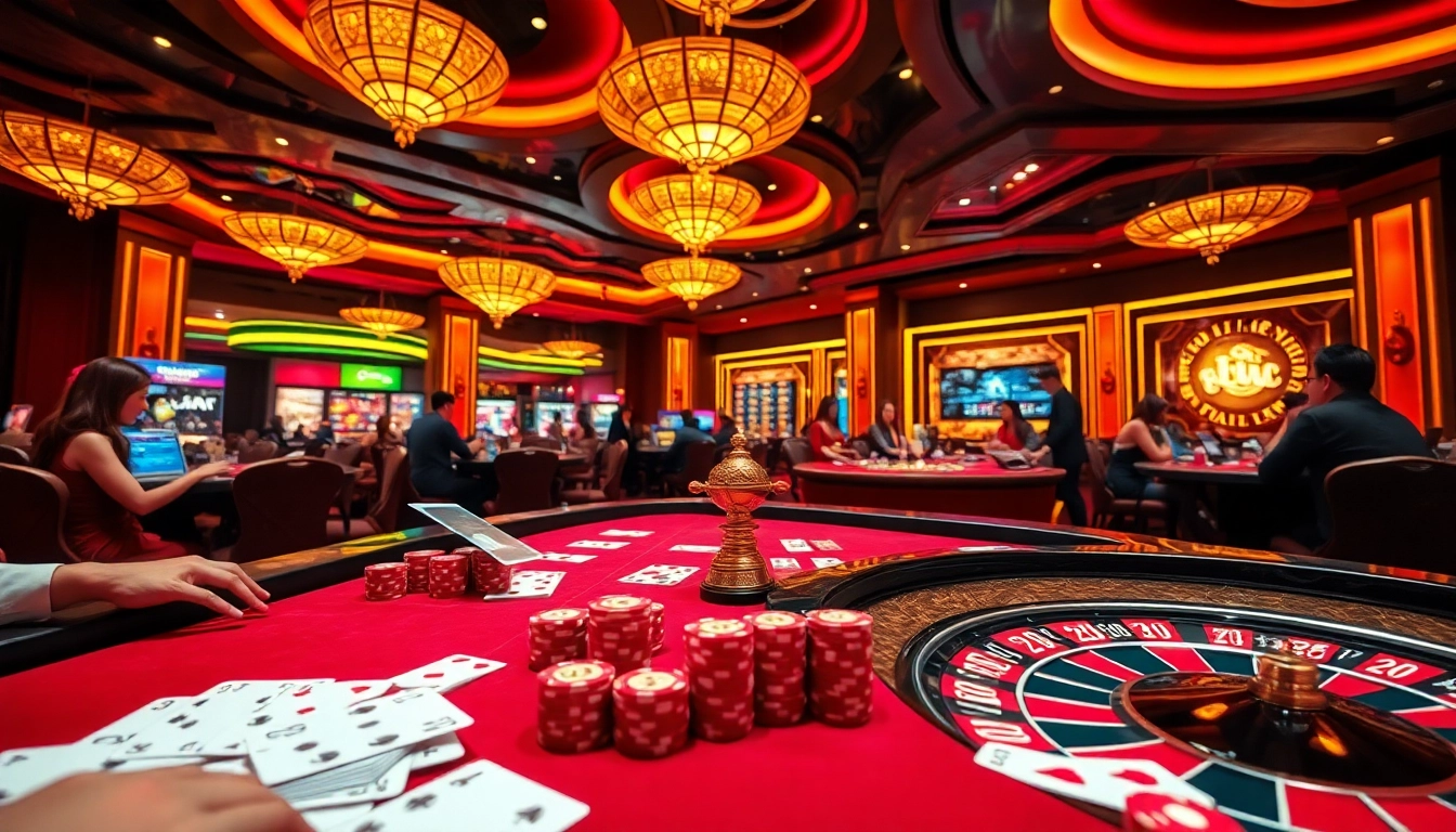 Experience thrilling gameplay at Liên Minh KJC in this luxurious casino scene filled with poker chips and roulette wheels.