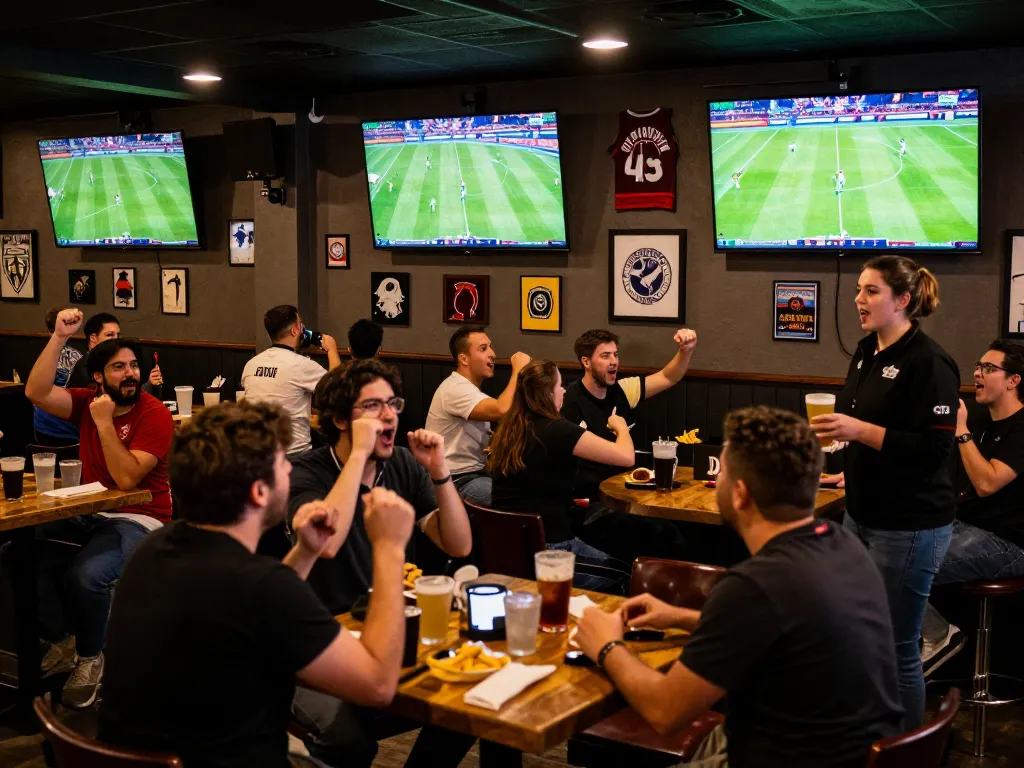 Engaging fans watching trực tiếp đá bóng in a lively sports bar, celebrating goals with excitement