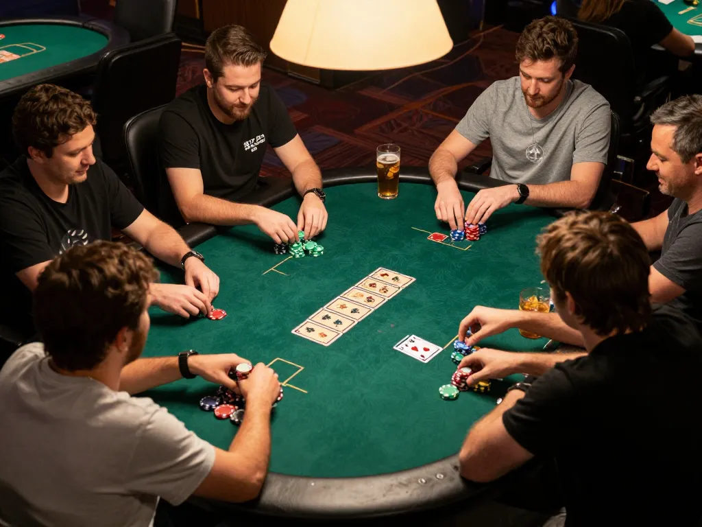 Cảnh trò chơi poker B52club với người chơi lập chiến lược trên các xèng và bài
