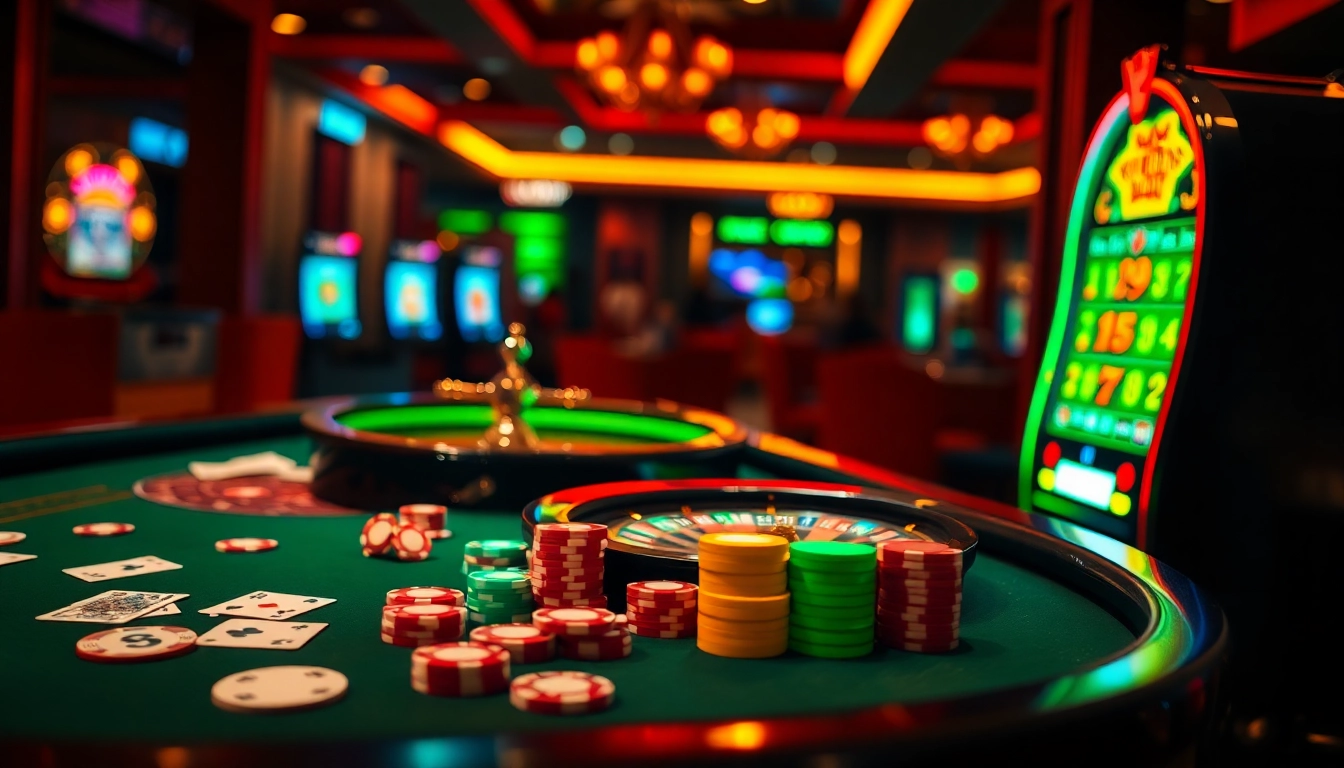 Kuwin casino table scene with roulette wheel, poker chips, and slot machine showcasing excitement and luxury.