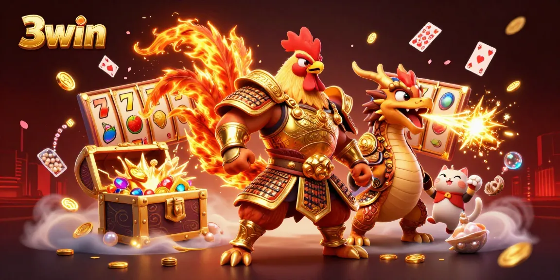 Win big with 3win as fierce warriors celebrate amidst casino treasures and action.