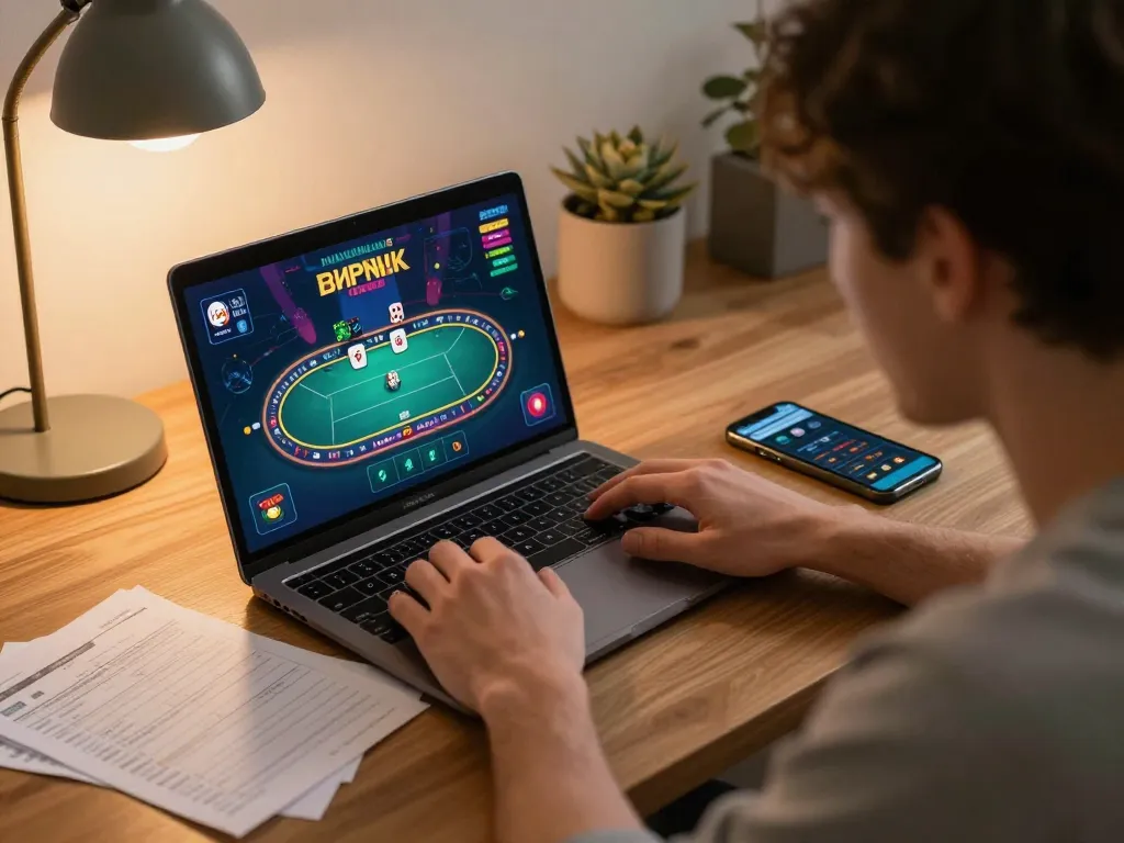 Person playing Ko66 poker online, showcasing a strategic gaming setup with a laptop and notes