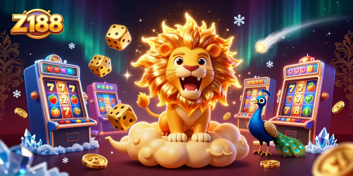 Play at Z188 casino with a vibrant illustration featuring gaming slots, golden dice, and a roaring lion.