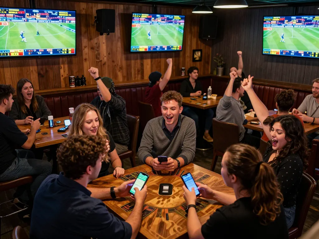 Patrons placing bets on vvvwin at a vibrant sports bar, multiple screens showing live sporting events.