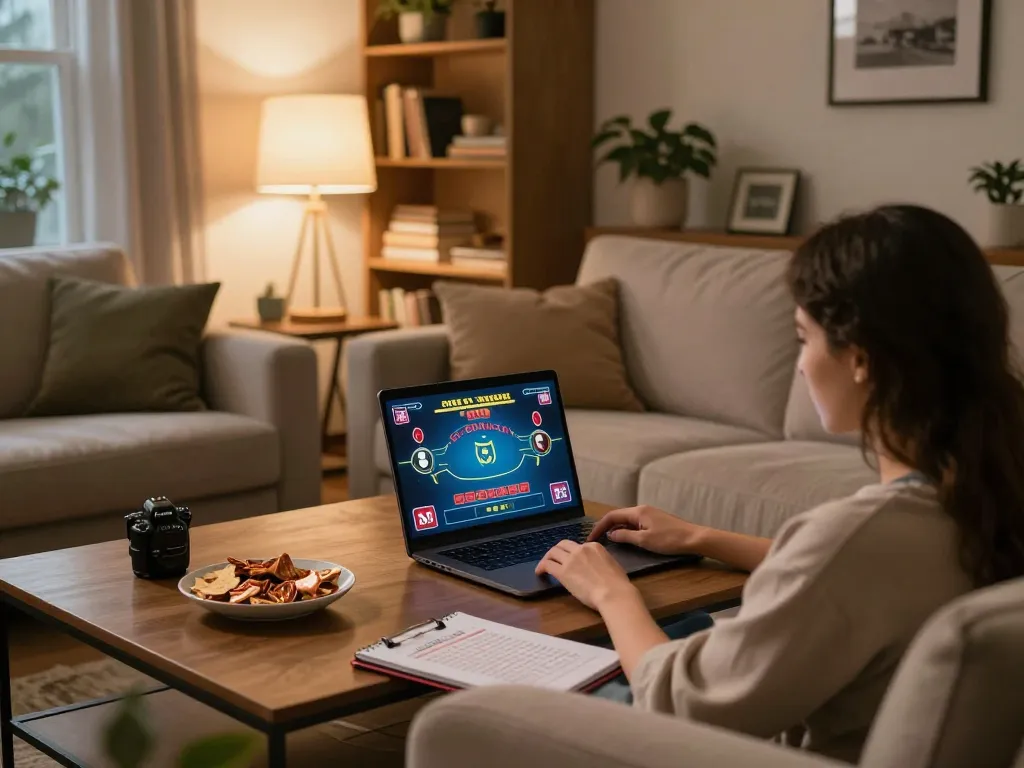 Engaged player using nhà cái S666 for online gaming on a stylish home setup, relaxed atmosphere
