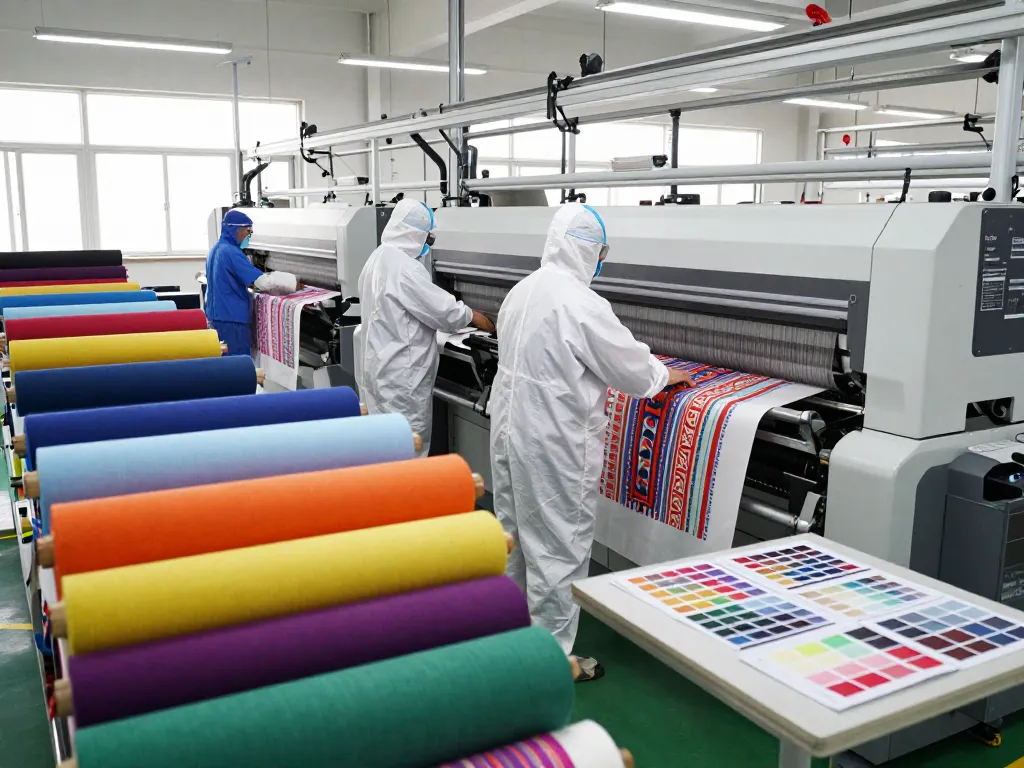 Textile workers at Sunwin manufacturing vibrant fabrics, showcasing quality and innovation in production.