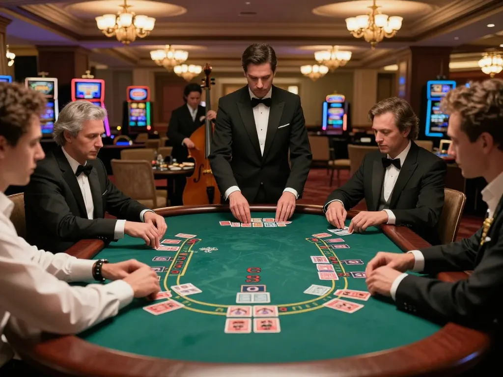 Engaged players assess kèo nhà cái at a high-stakes blackjack table, showcasing strategic gameplay and casino ambiance.