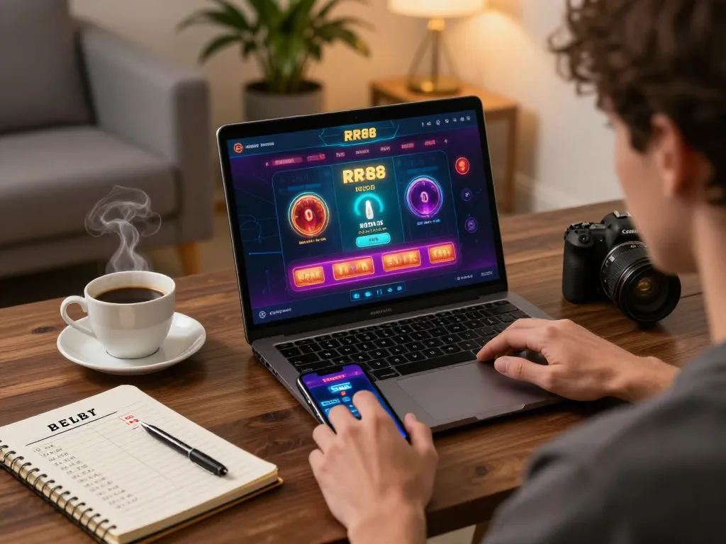 Engaging with the RR88 online casino app in a cozy living room, showcasing strategy and relaxation.