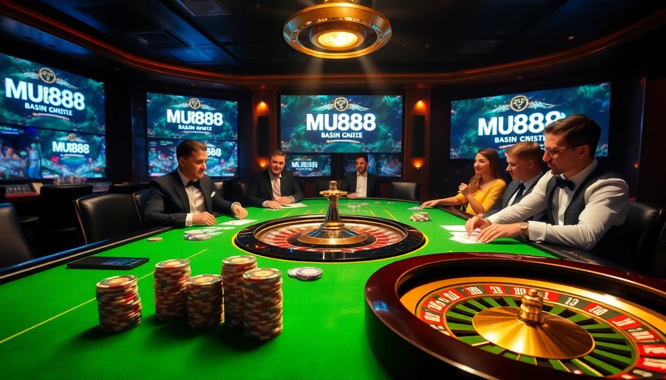 Players engaging in a thrilling game at MU88 casino, showcasing poker chips and cards.
