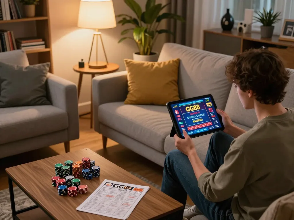 Player engaging with GG88 online casino on tablet in a cozy home environment, showcasing responsible gaming