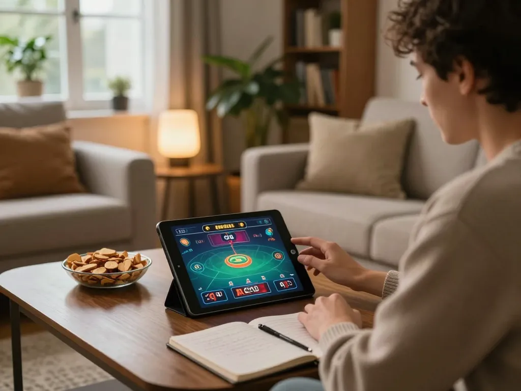 Engaging in an online Net88 live dealer game from the comfort of a stylish home setup, highlighting strategy and entertainment
