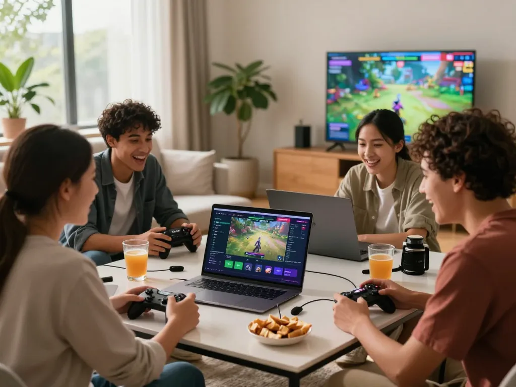 Friends enjoying a gaming session on Sunwin, showcasing an exciting online gaming experience in a cozy living room