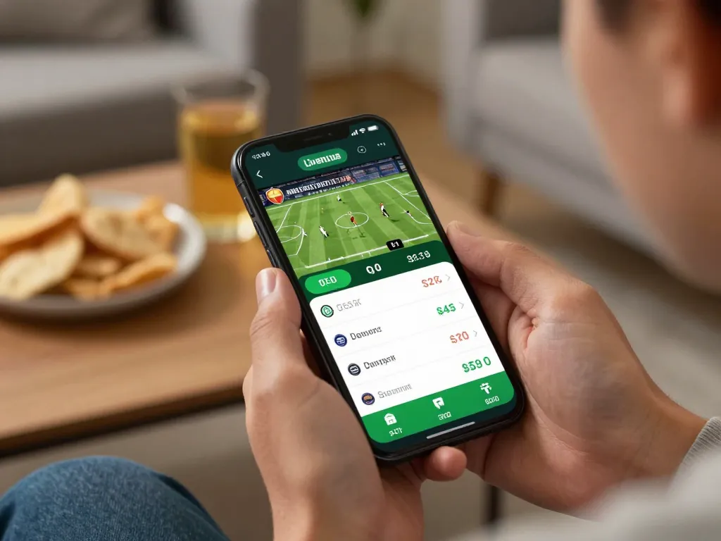 Person enjoying online sports betting on mobile, showcasing mb66 odds and game details for responsible gambling.
