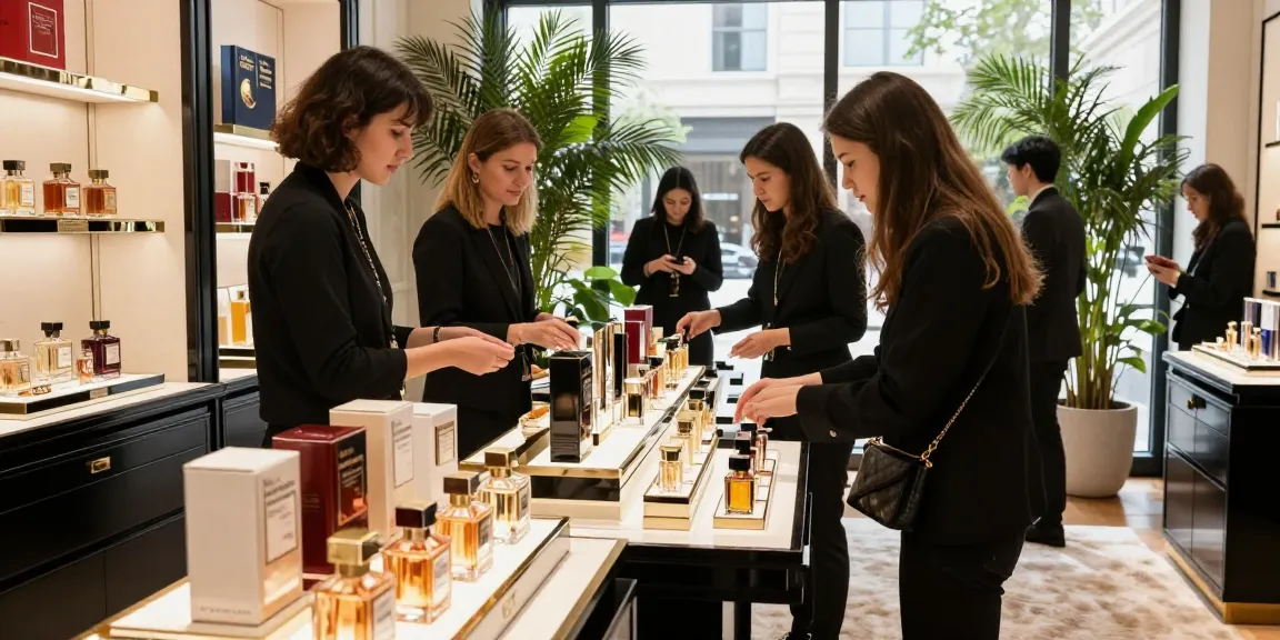 Shopping for Maison Francis Kurkdjian (MFK) perfumes in an elegant store.
