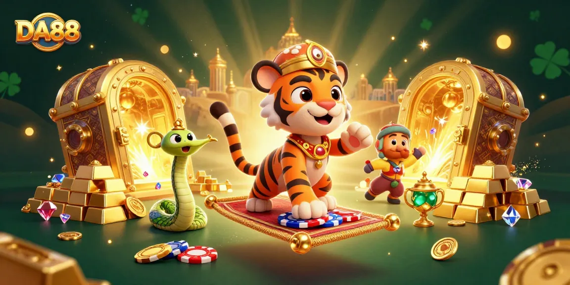 Experience the thrill of DA88 with a vibrant casino scene featuring an Arabian Nights sultan and treasures.