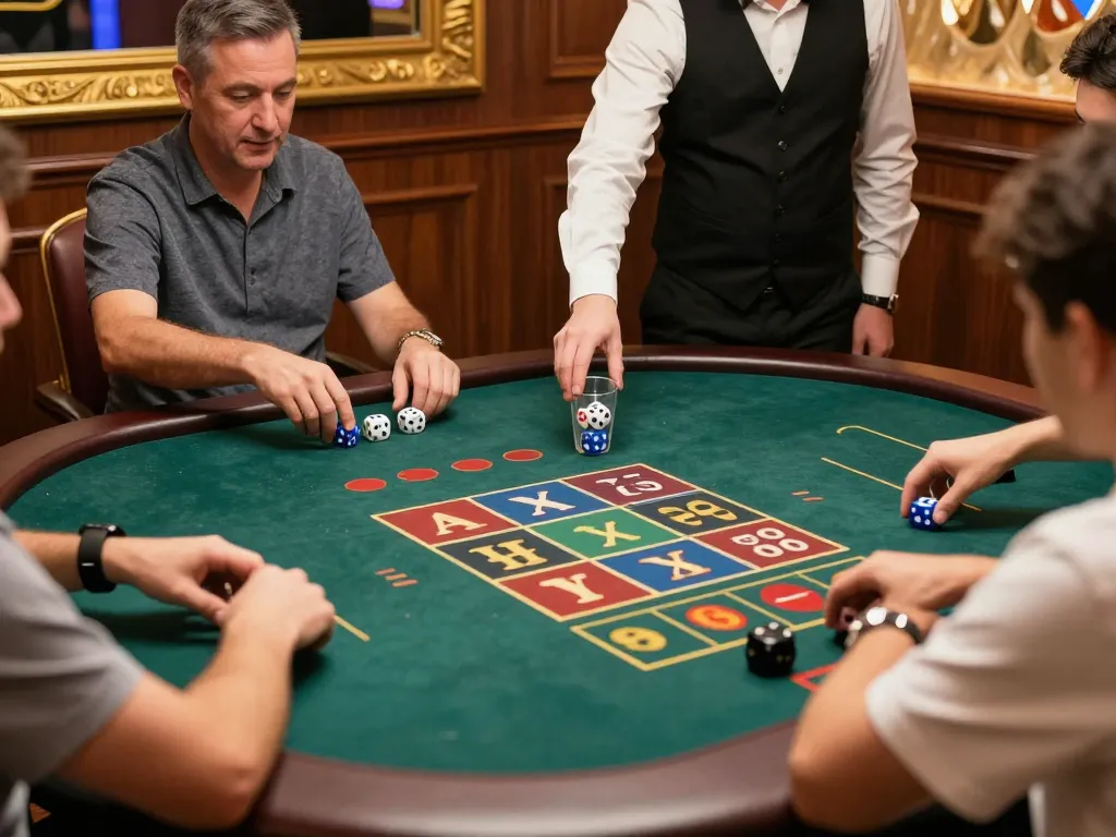 Players engaged in Tài Xỉu, placing bets and rolling dice in a lively casino atmosphere.