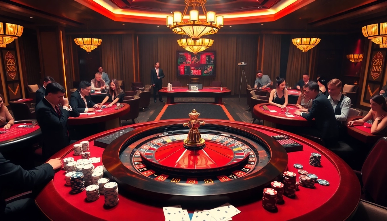 Experience an exciting casino scene with the luxurious ambiance of hz88, featuring roulette wheels and poker tables.