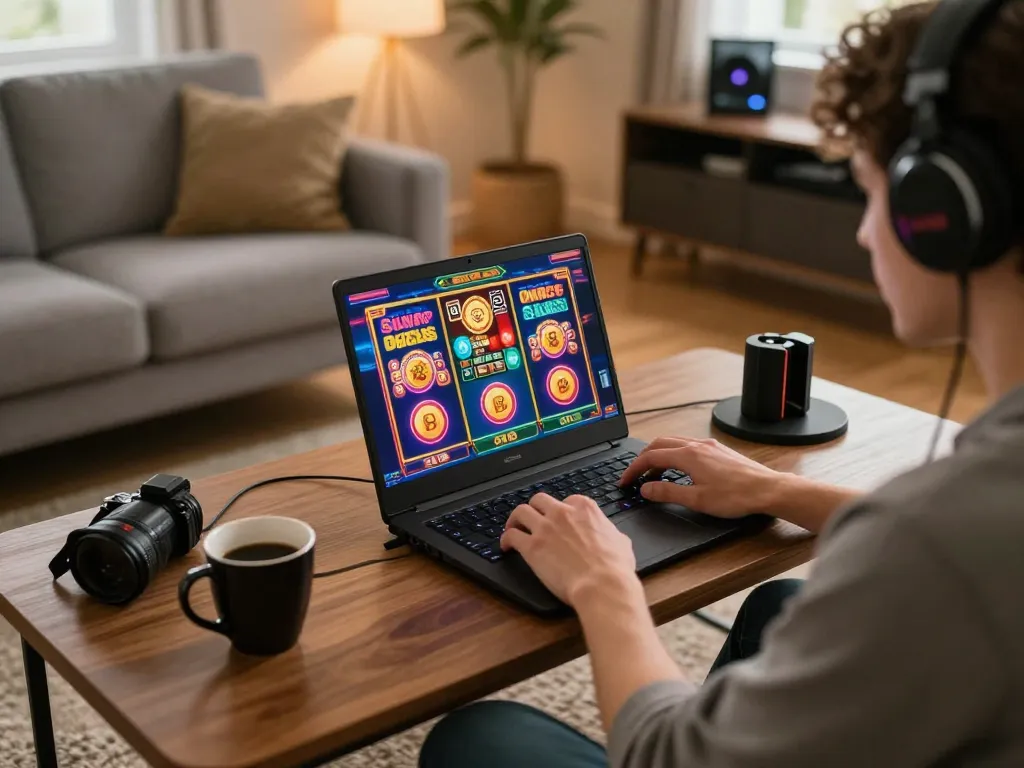 Engaging in online slots at home using laptop on https://nk88.actor/ with cozy ambiance